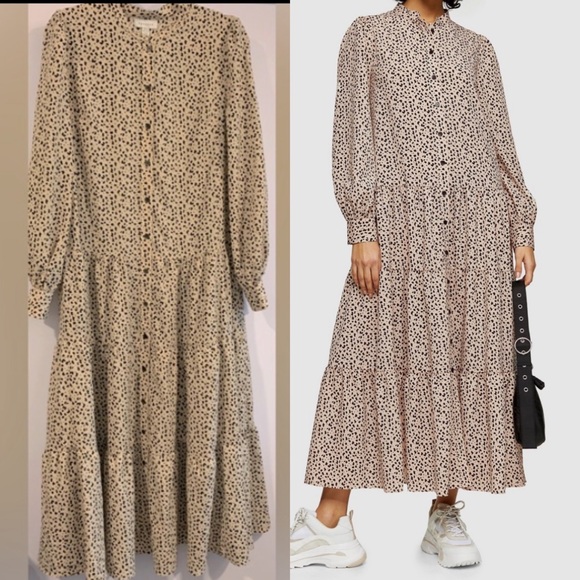 NWT, Topshop, Spotted Tiered Long Sleeve Midi Shirt Dress w/Drop Waist, Sz 8-10 - Picture 1 of 13